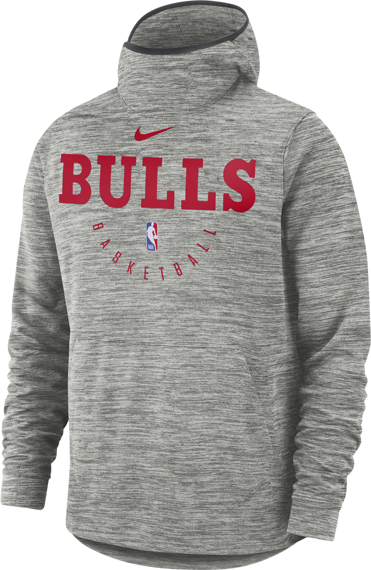 芝加哥公牛 桌布 壁紙 — 一件灰色混紡芝加哥公牛隊NBA連帽上衣，帶有紅色標誌和Nike勾勾，背景為黑色。