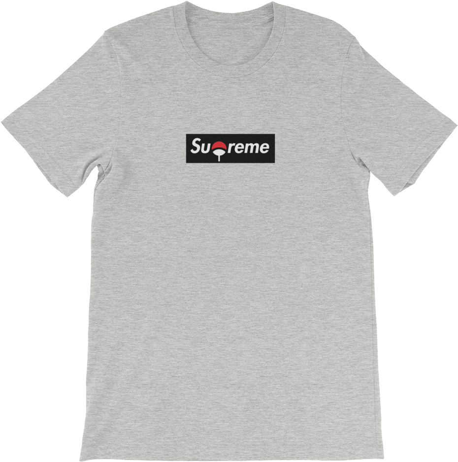 Tshirt 桌布 壁紙 — 一件灰色混色T恤，帶有黑色方框標誌，顯示Supreme字樣，其中字母O被紅色和白色的宇智波一族標誌取代。