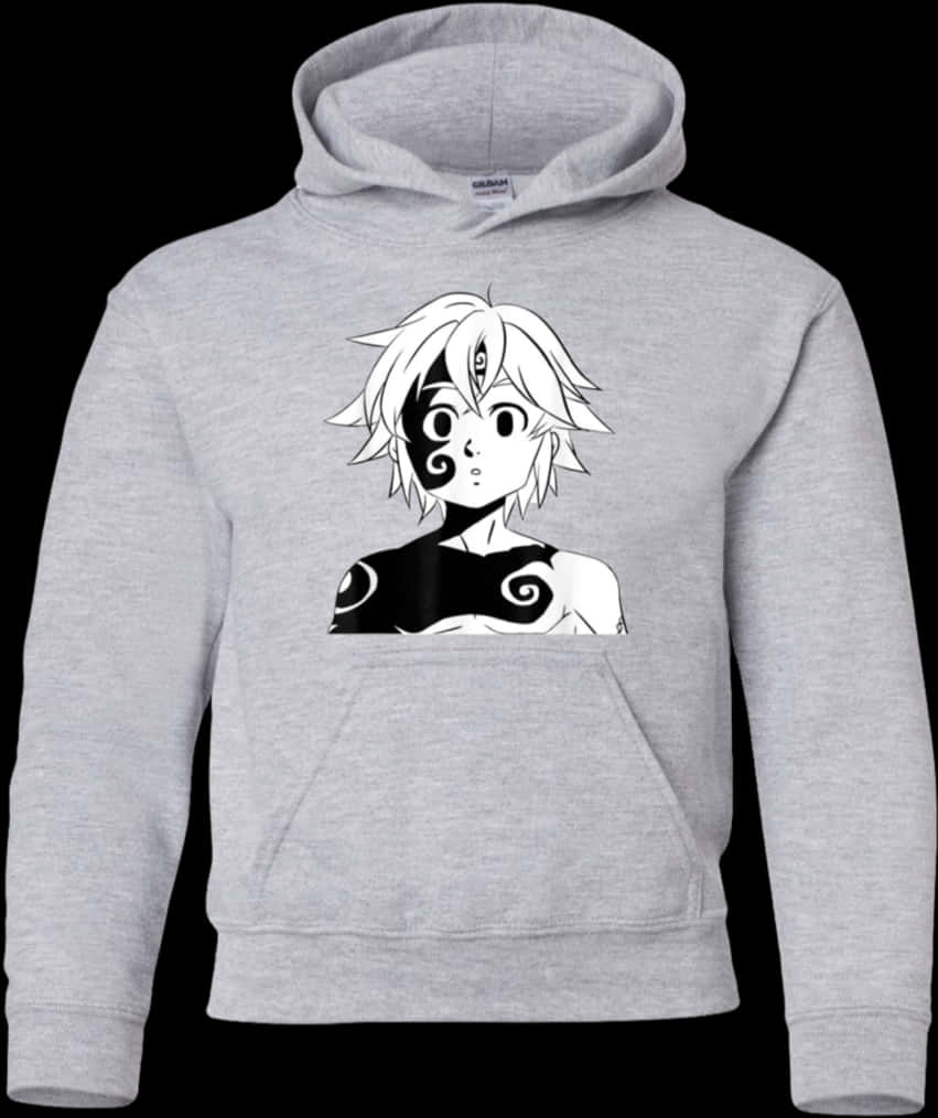 Hoodie 桌布 壁紙 — 一件灰色連帽衫展示了一個黑白動漫角色，帶有螺旋標記，背景為純黑色。