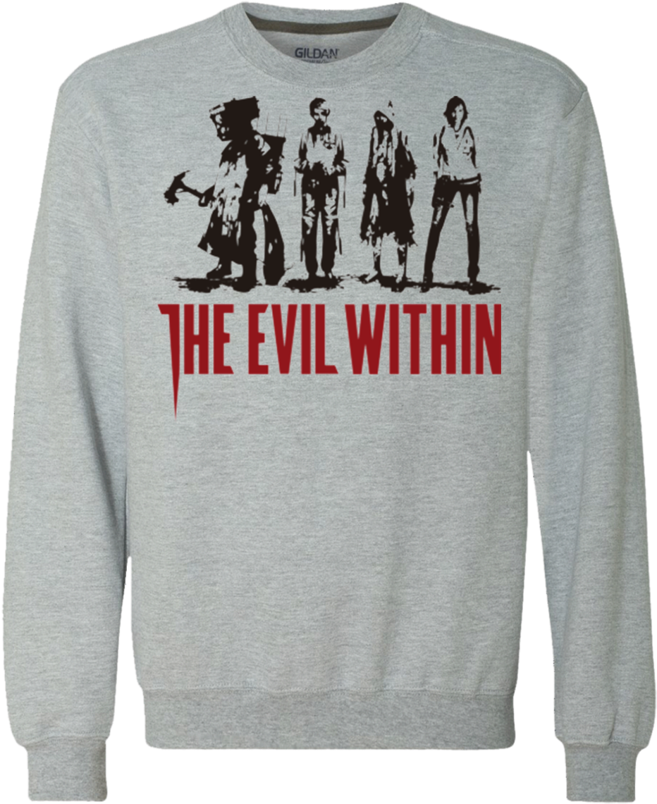 evil 桌布 壁紙 — 一件灰色連帽衫展示四個殭屍狀人物的黑色剪影，上方有粗體紅色文字寫著「THE EVIL WITHIN」。