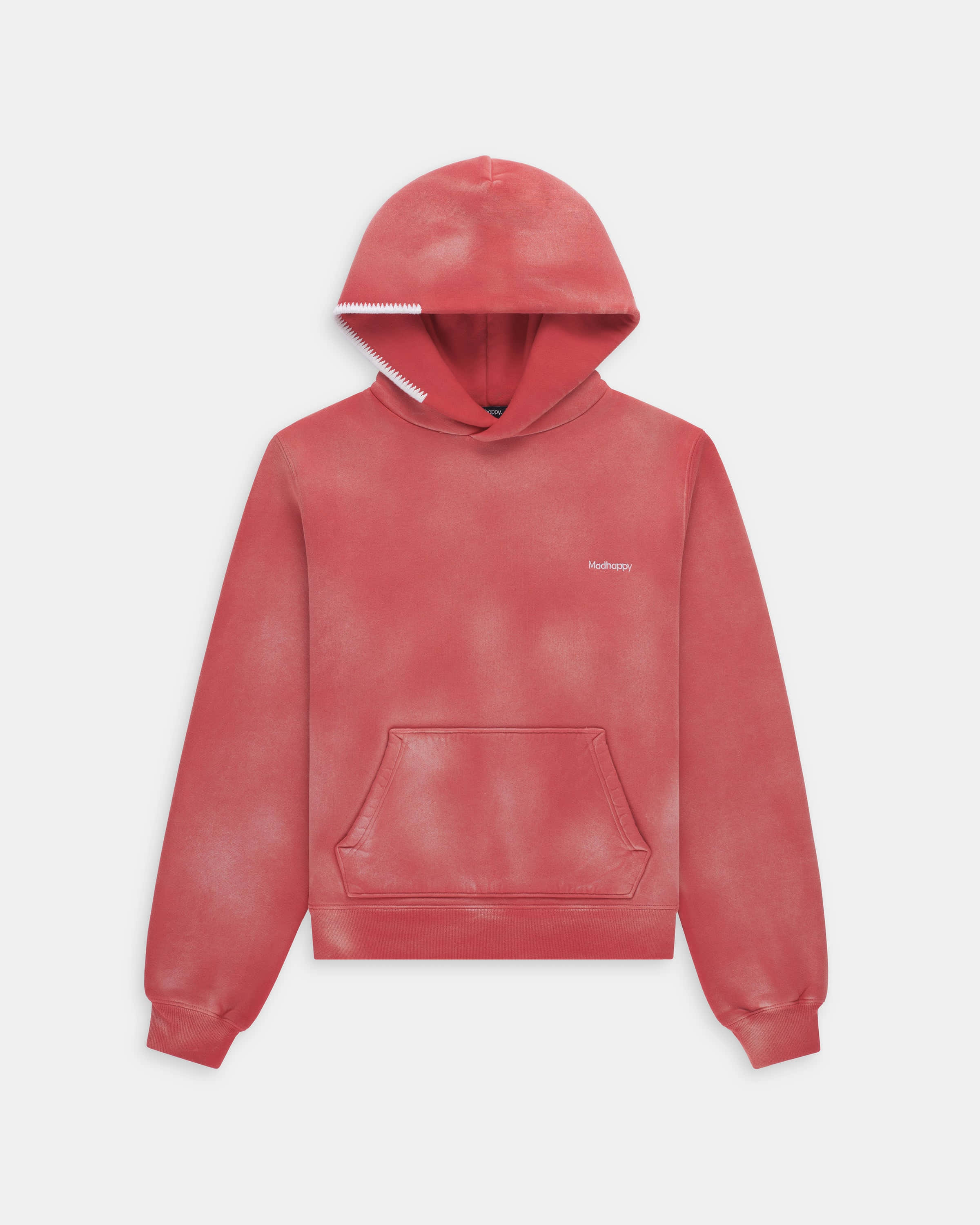 Red Hoodie 桌布 壁紙 — 一件珊瑚粉紅色連帽上衣，配有白色拉鍊飾邊和小型品牌標誌，展示在純色背景上。