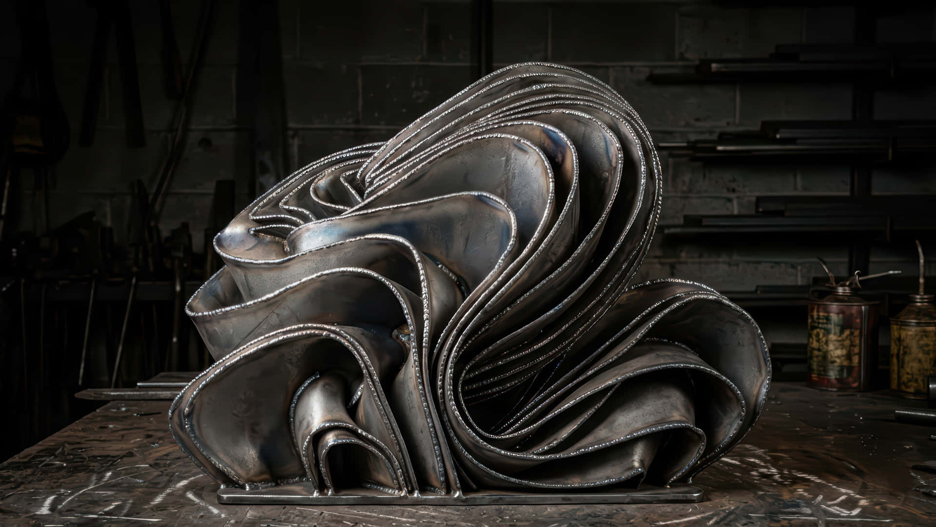 Welded metal bloom modded wallpaper for desktop Enhancement 壁紙 — 一件由多層金屬板製成、帶有可見焊縫的大型抽象雕塑，放置在光線昏暗的工作室的工作台上。