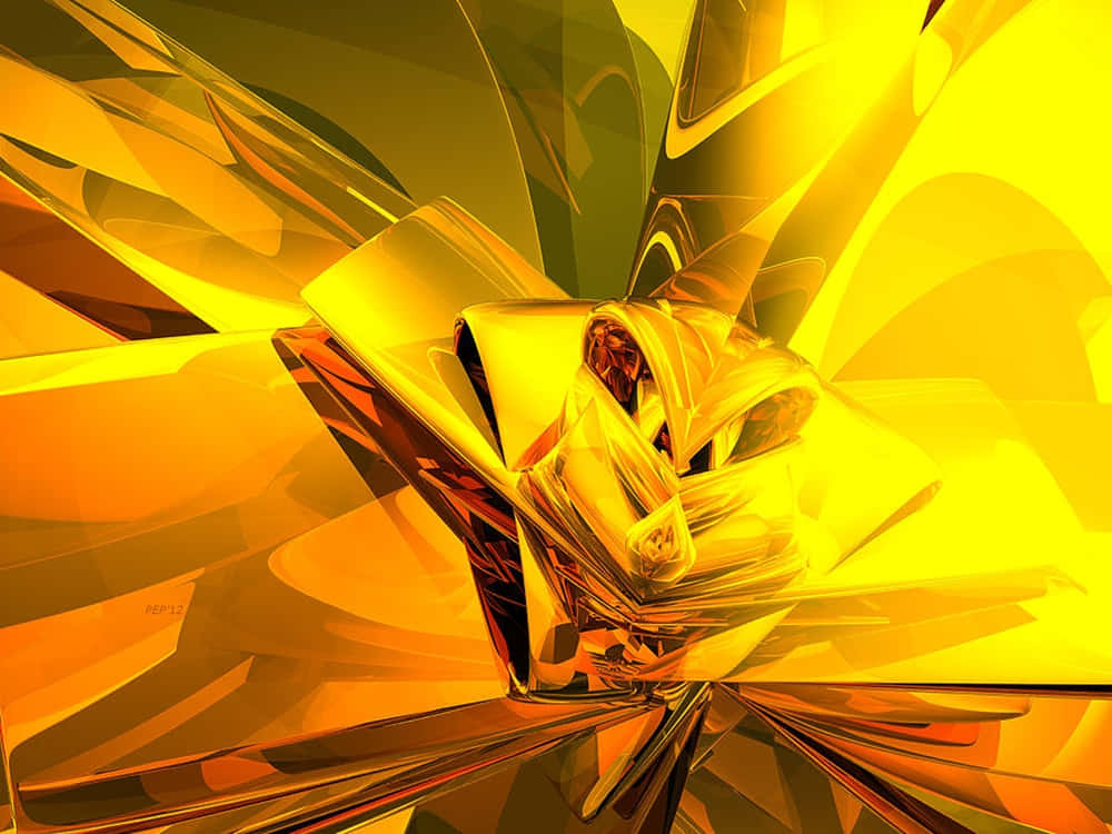 Yellow Art 桌布 壁紙 — 一件由流動金色金屬碎片組成的光芒四射抽象雕塑，向外散發出強烈的光線和銳利的反射。