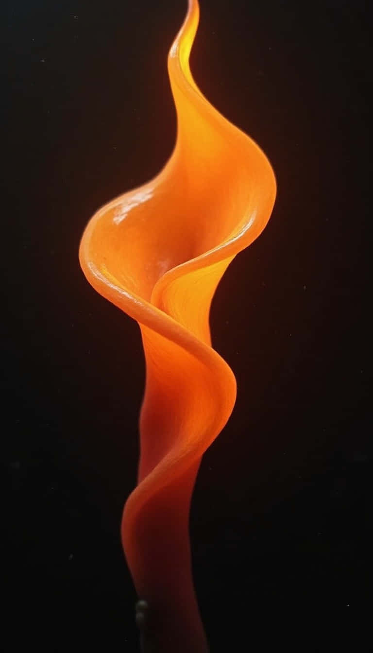 Flower 壁紙 — 一件發光的橙色玻璃雕塑在純黑背景上優雅地螺旋上升，散發溫暖與流暢的優雅。