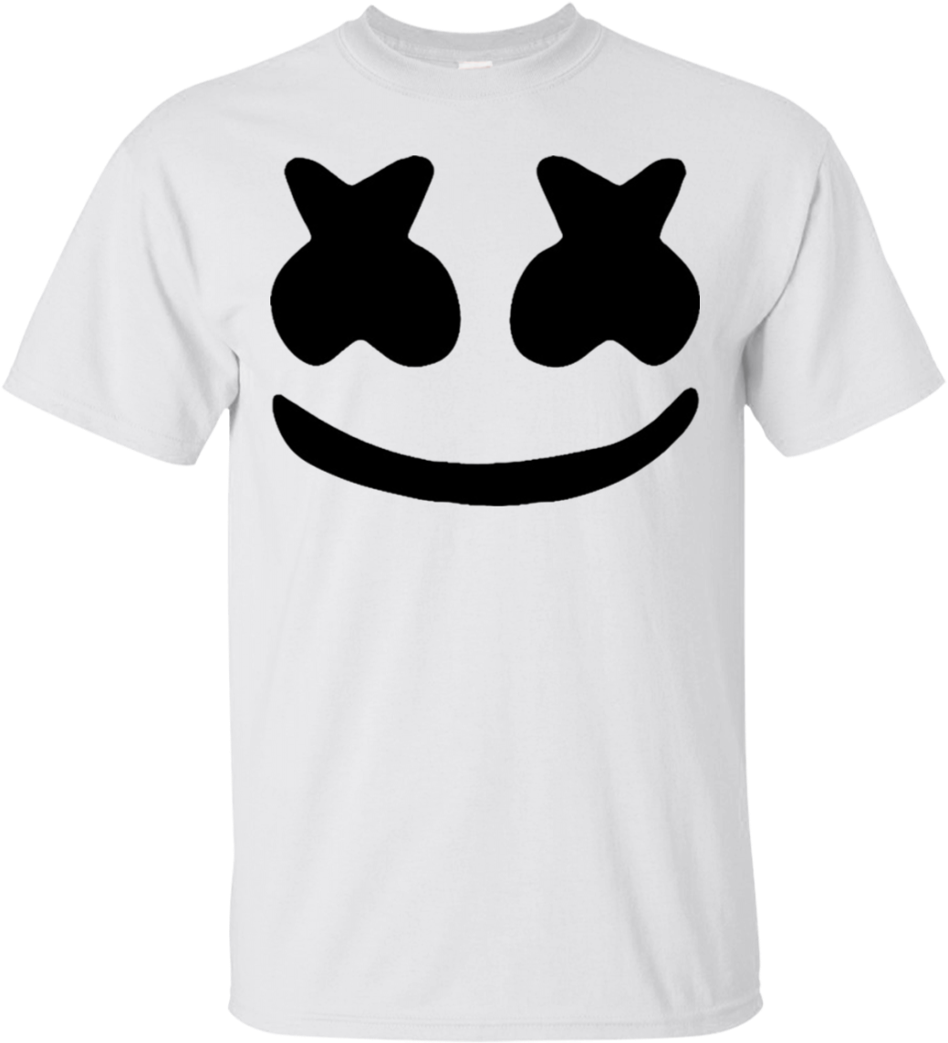 Marshmello 動態圖 桌布 壁紙 — 一件白色T恤，上面有Marshmello標誌性笑臉設計的醒目黑色圖案，背景簡潔。