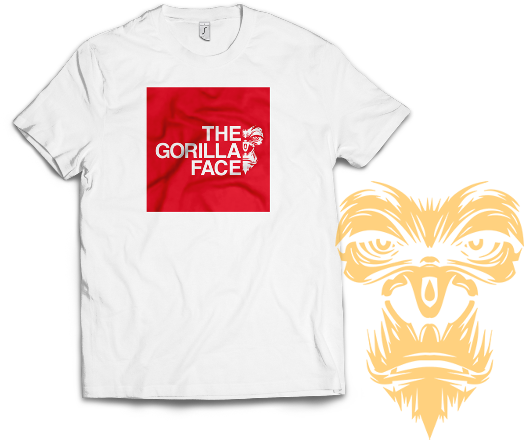 Gorilla 桌布 壁紙 — 一件白色T恤，上面有一個紅色方形圖案寫著「THE GORILLA FACE」，旁邊有一個大型風格化的橙色大猩猩臉部插圖。