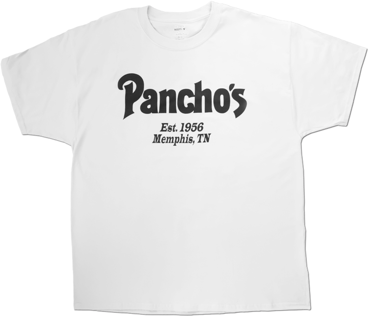 純色動圖 桌布 壁紙 — 一件白色T恤，上面有黑色復古風格文字，寫著 Pancho's Est. 1956 Memphis TN，背景為黑色。
