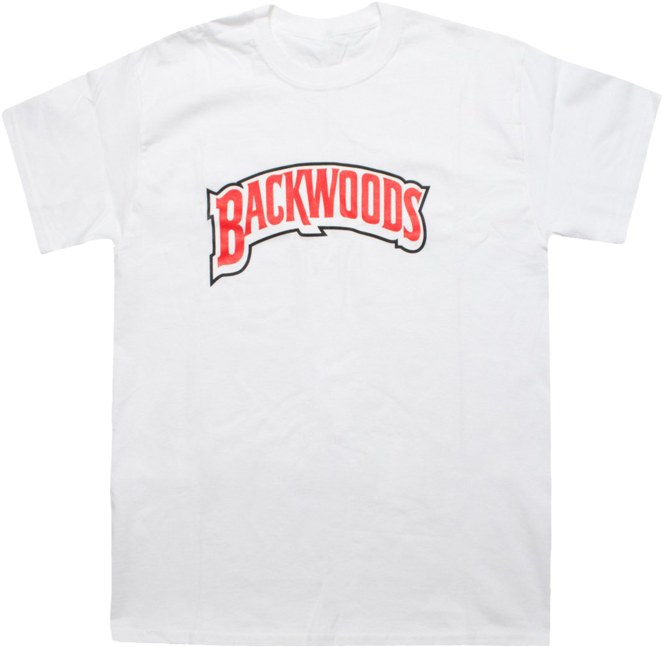 Backwoods 桌布 壁紙 — 一件白色T恤，在純黑色背景上以彎曲橫幅設計印有粗體紅色「BACKWOODS」文字。
