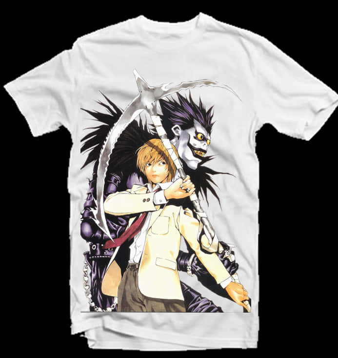 Death Note Ryuk 桌布 壁紙 — 一件白色T恤上印有黑色背景中夜神月手持琉克揮舞的鐮刀的動漫圖案。