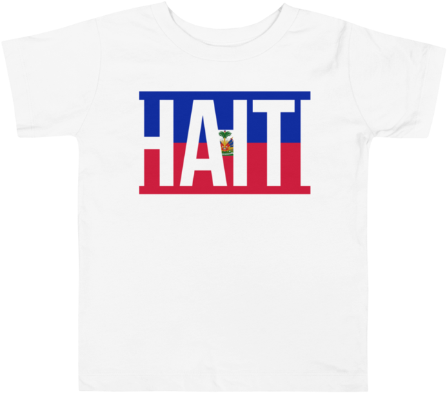 海地 桌布 壁紙 — 一件白色T恤以粗體白色字母顯示「HAIT」一詞，並將海地國旗的顏色和徽章融入字母中。