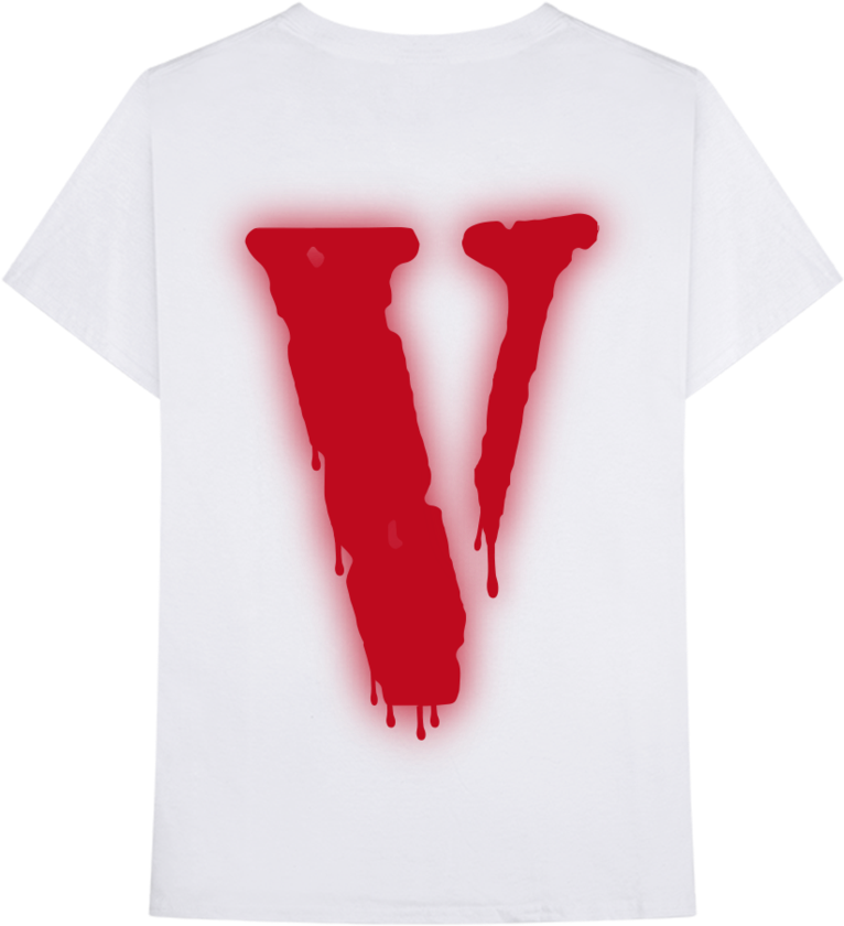 Vlone 桌布 壁紙 — 一件白色T恤在黑色背景上展示了一個大膽的紅色滴落V圖案。