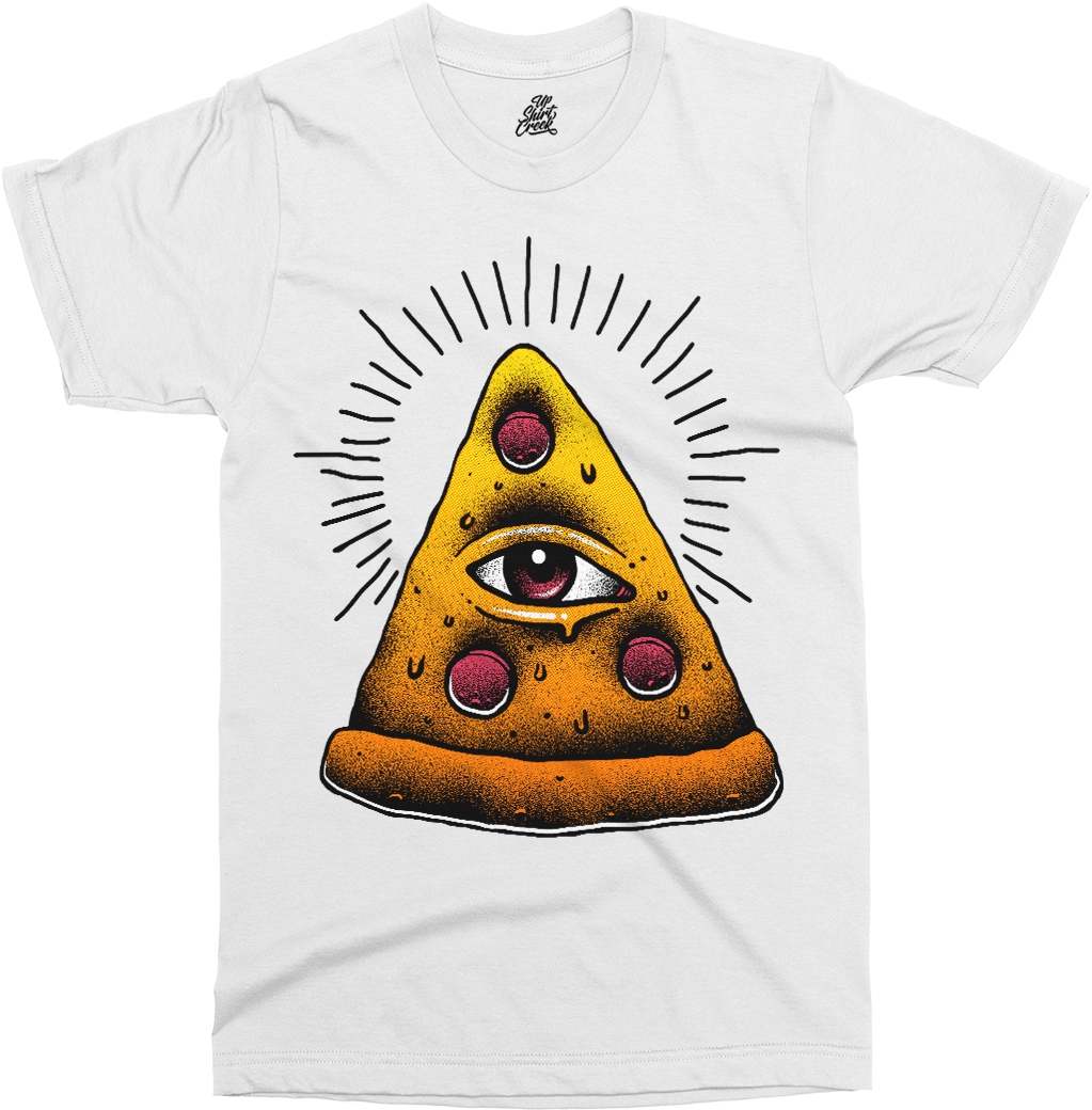illuminati 桌布 壁紙 — 一件白色T恤展示了一個風格化的披薩片，上面有一個全視之眼和放射線條，背景為黑色。