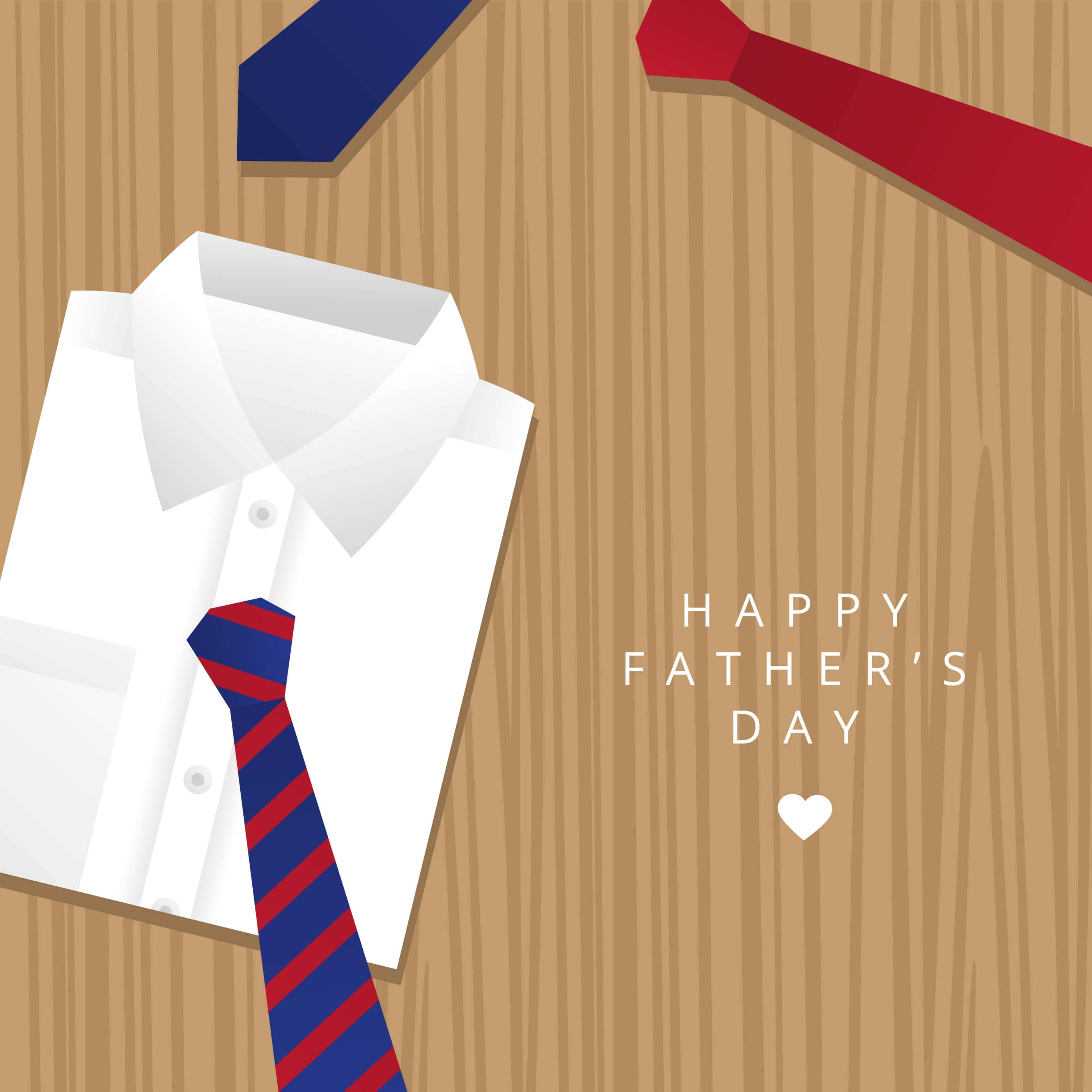 father's day 桌布 壁紙 — 一件白色襯衫和一條條紋領帶放在木質表面上，帶有'Happy Father's Day'文字和一個愛心。