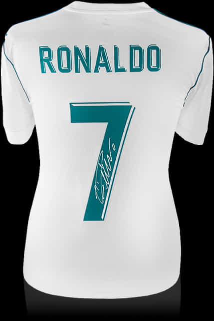 Ronaldo 桌布 壁紙 — 一件白色足球球衣，上面有青綠色的「RONALDO」和號碼「7」，號碼上有簽名，展示在黑色背景上。