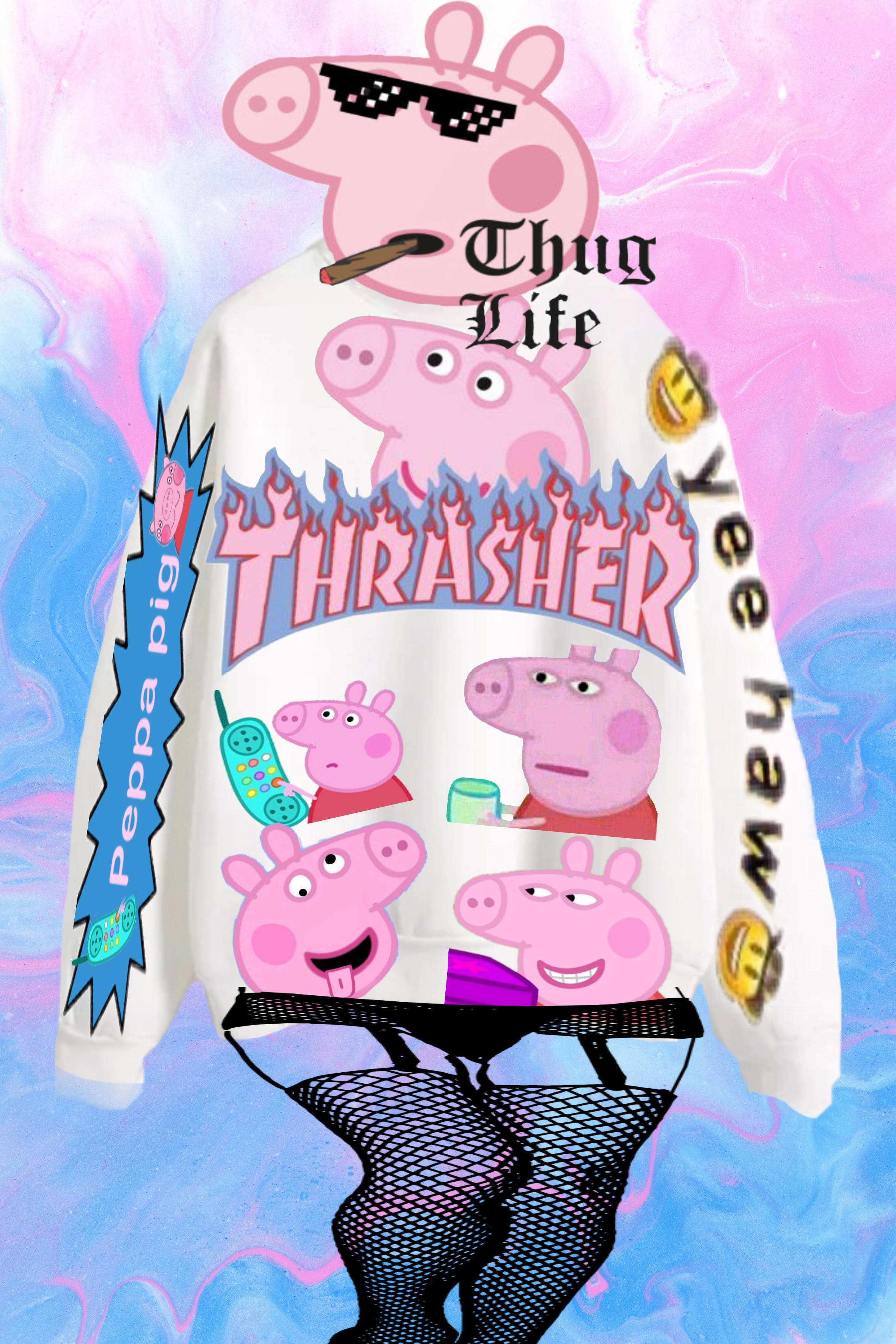 Baddie Peppa Pig 桌布 壁紙 — 一件白色連帽上衣，上面有 Peppa Pig 角色以惡棍風格呈現，背景是旋轉的粉紅色和藍色。