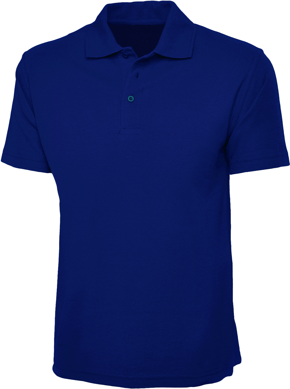 Polo Shirt 桌布 壁紙 — 一件皇家藍色Polo衫，配有一顆青綠色鈕扣，孤立在純黑色背景上。