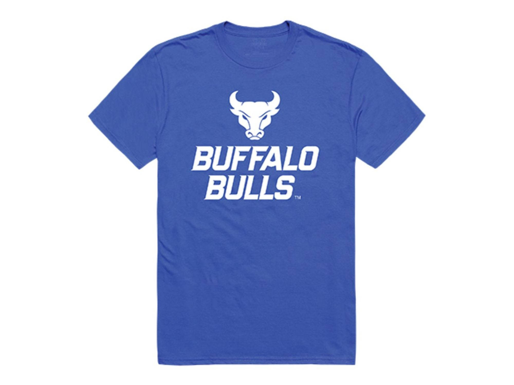 桌布 壁紙 — 一件皇家藍色T恤，胸前中央有白色水牛頭標誌和粗體BUFFALO BULLS文字。