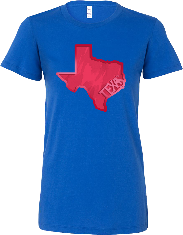 Texas Outline 桌布 壁紙 — 一件皇家藍色T恤上有一個大膽的紅色德州輪廓，內部有風格化的'TEXAS'字樣。