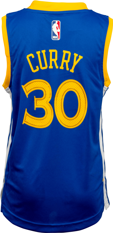 史蒂芬·柯瑞 桌布 壁紙 — 一件皇家藍色和金色的NBA籃球球衣背面，印有粗體黃色字樣的'CURRY'和號碼'30'。