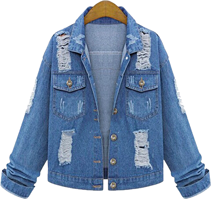 丹寧 桌布 壁紙 — 一件破舊的藍色牛仔外套，袖子和口袋破爛，掛在黑色背景的木衣架上。