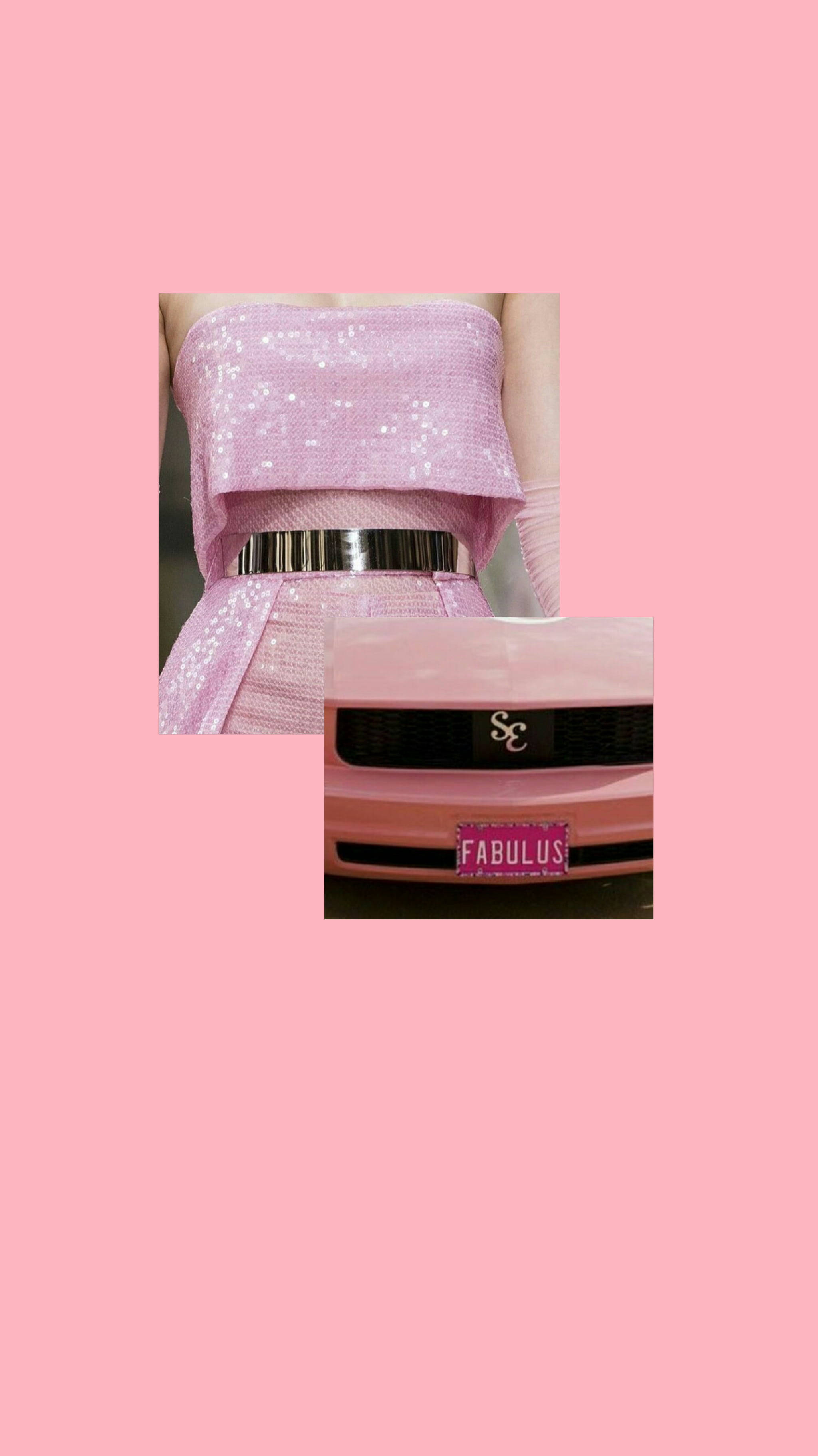 粉彩色粉紅 桌布 壁紙 — 一件粉紅色亮片上衣和一輛帶有 'FABULUS' 車牌的粉紅色汽車漂浮在純粉紅色背景上。