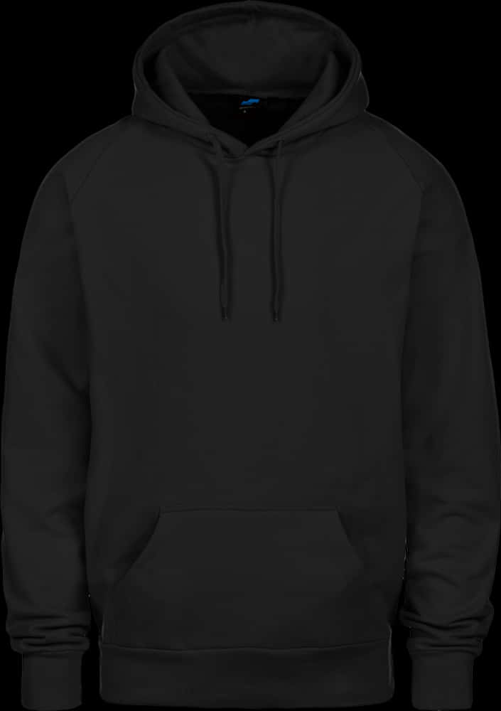 Black Hoodie 桌布 壁紙 — 一件純黑色連帽上衣，配有抽繩和前口袋，展示在純黑色背景上。