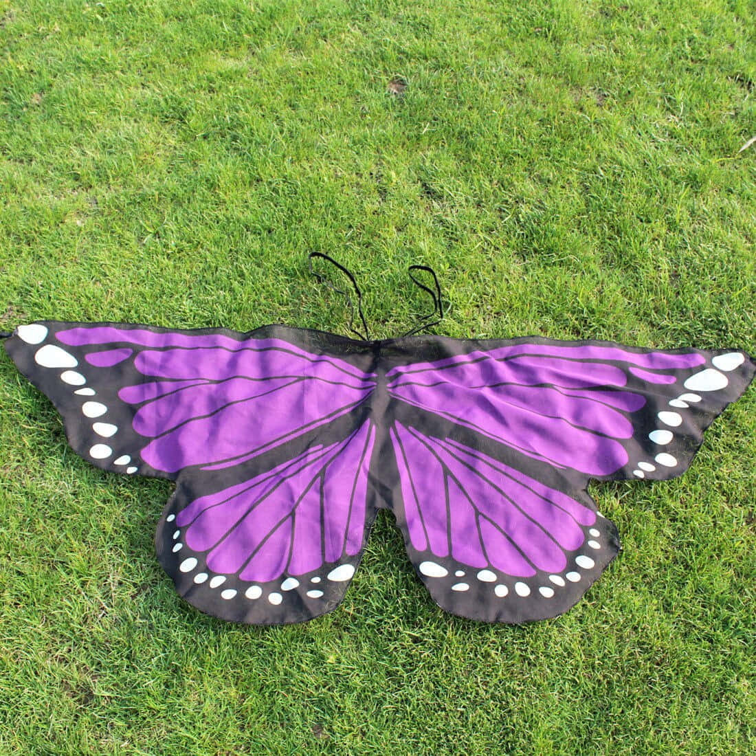 Butterfly Wing Dress 桌布 壁紙 — 一件紫色和黑色的蝴蝶服裝帶有白色斑點，攤開在鮮綠色的草地上。