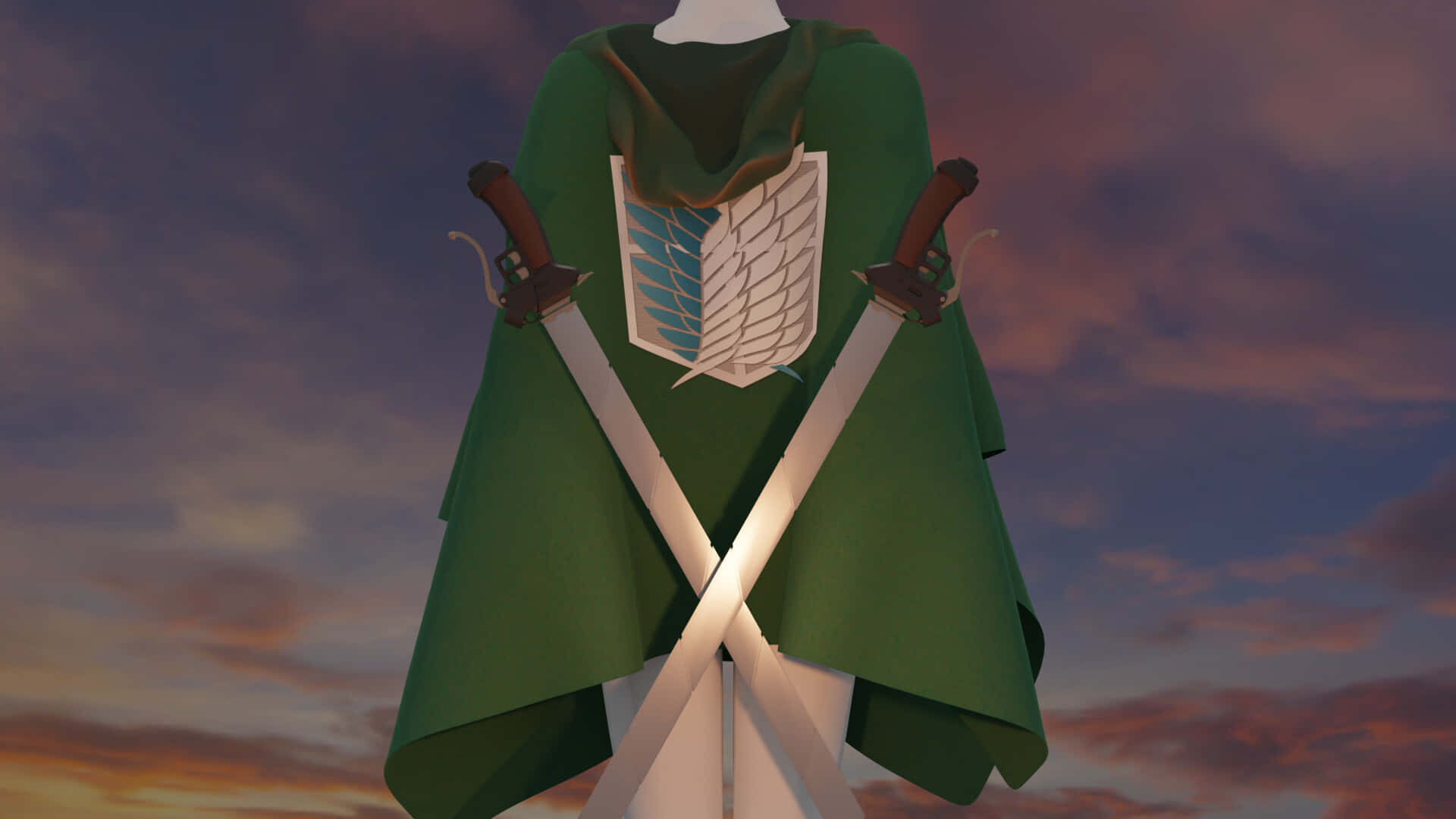 Survey Corps Cape 桌布 壁紙 — 一件綠色斗篷，帶有白色翼狀徽章和兩把交叉的劍，映襯著暮色天空。
