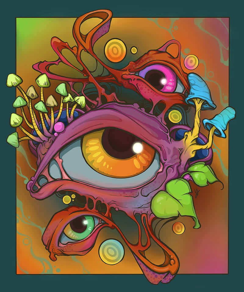 桌布 壁紙 — 一件超現實的數位藝術作品，以三個色彩繽紛的大眼睛與發光蘑菇和有機形狀交織在一起，背景為漸變色。