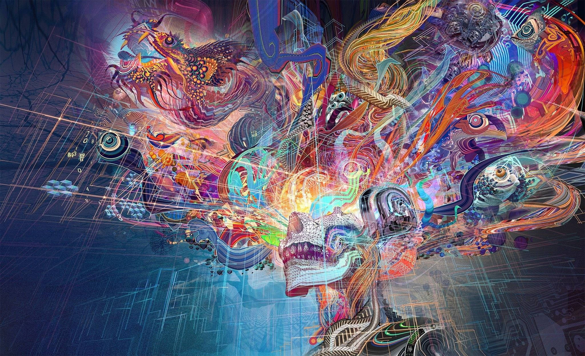 抽象 桌布 壁紙 — 一件超現實的數位藝術作品，充滿鮮豔色彩和混亂的抽象形態，圍繞著一個中央頭骨旋轉。
