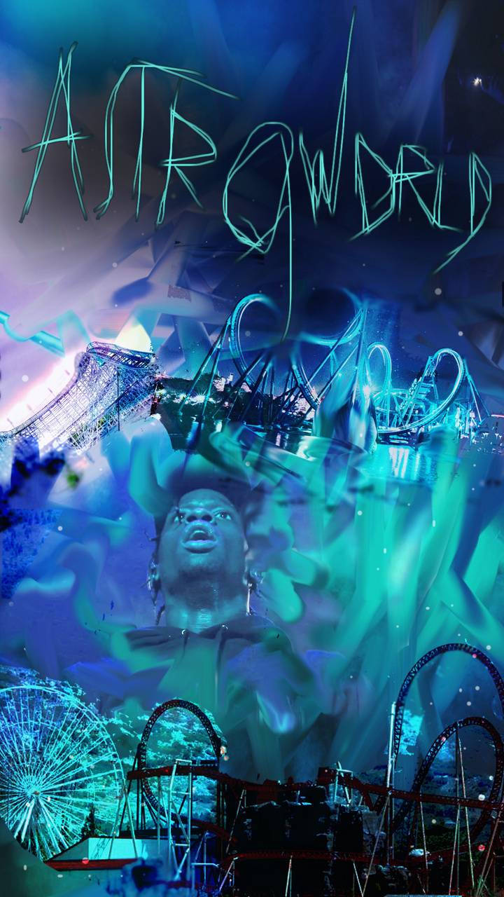 崔維斯·史考特 桌布 壁紙 — 一件超現實的數位藝術作品，在文字「ASTROWORLD」下方，一個男人的臉部疊加著發光的藍色和紫色遊樂園遊樂設施。