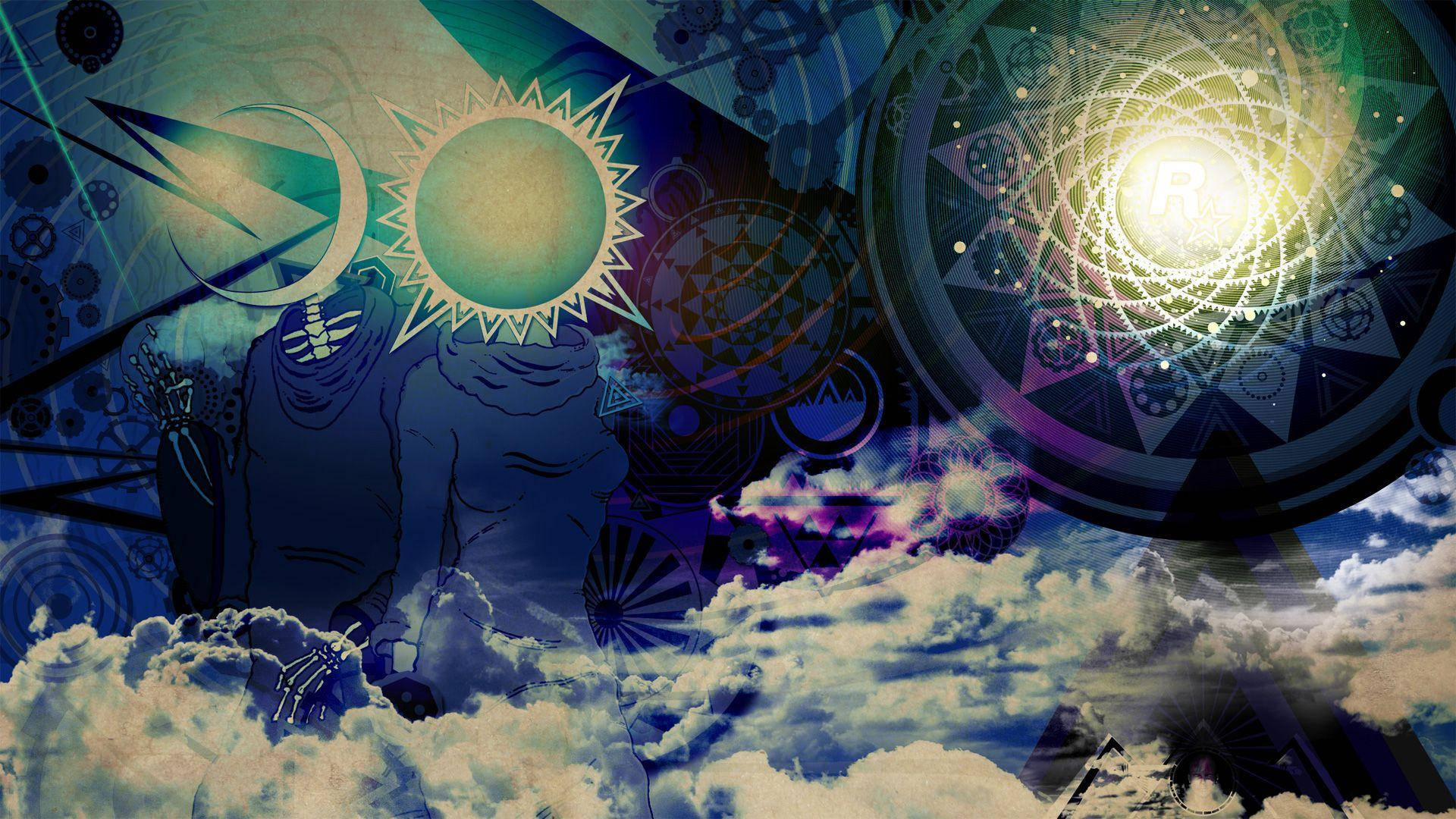 生病 桌布 壁紙 — 一件超現實的數位藝術作品，描繪一個頭部為太陽的骷髏形象，在星空下漂浮於雲層和宇宙符號之間。