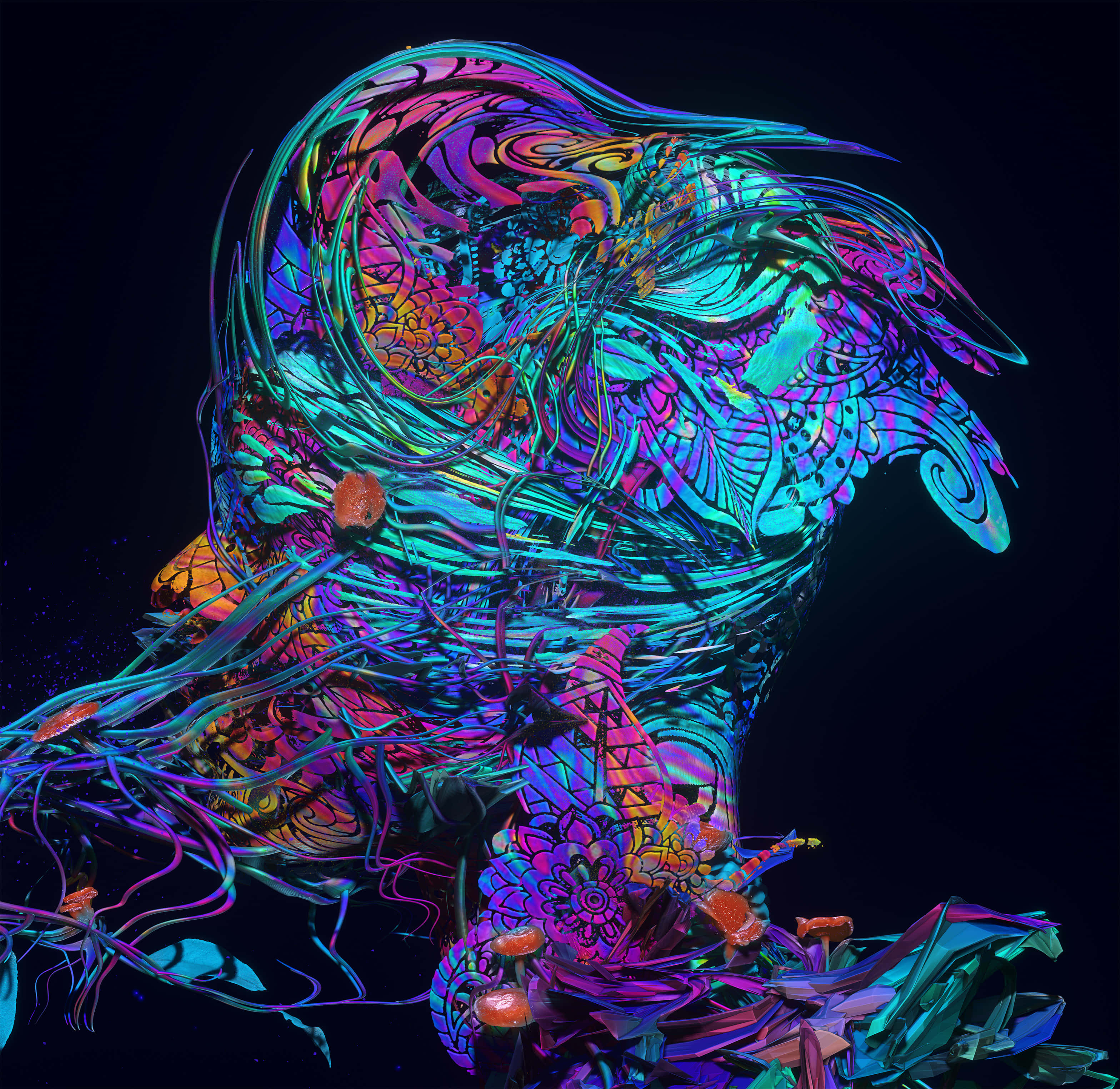 Glitch Effect 桌布 壁紙 — 一件超現實的數位藝術作品，描繪一隻發光、華麗的鳥類生物，帶有複雜的圖案和霓虹色調，背景為黑色。