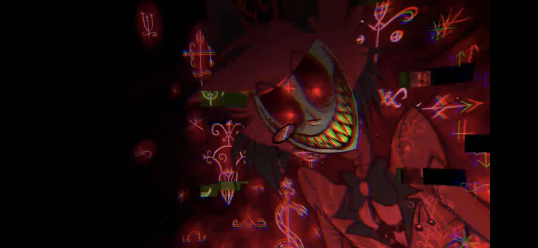 Hazbin Hotel 桌布 壁紙 — 一件超現實的數位藝術作品，特色是一個發光的紅色面具，周圍漂浮著霓虹符號，背景為黑暗。