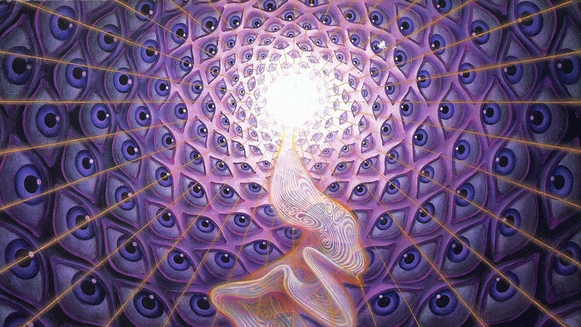 桌布 壁紙 — 一件超現實的數位藝術作品，特色是發光的眼睛螺旋，向明亮的中心輻射出金色線條，下方有一個流動的華麗人物。