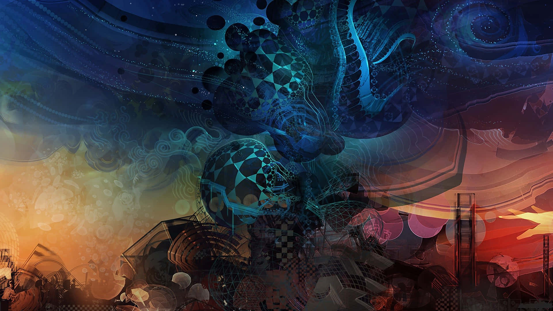 抽象藝術動圖 桌布 壁紙 — 一件超現實的數位藝術作品，融合了宇宙藍色碎形、火熱橙色抽象形態和幾何圖案。