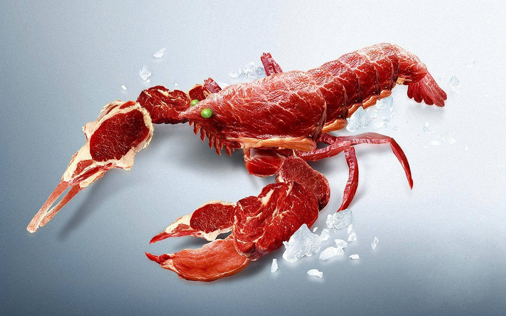 Lobster 桌布 壁紙 — 一件超現實的數位藝術品，龍蝦完全由生紅肉製成，冰晶散落在清涼的灰色表面上。