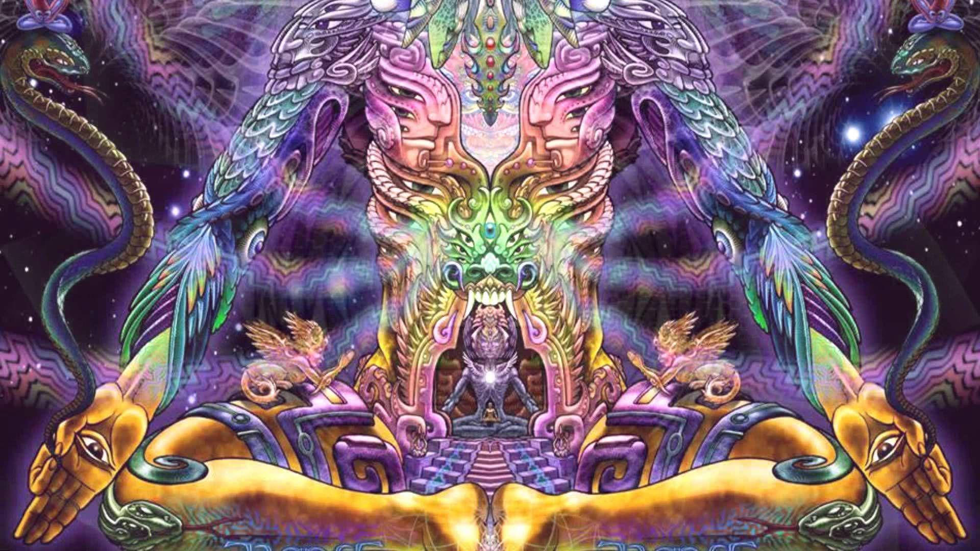 Illustration Art 桌布 壁紙 — 一件迷幻數位藝術作品，以對稱的宇宙神祇為特色，擁有蛇翼和發光的眼睛，背景是繁星點點的紫色。