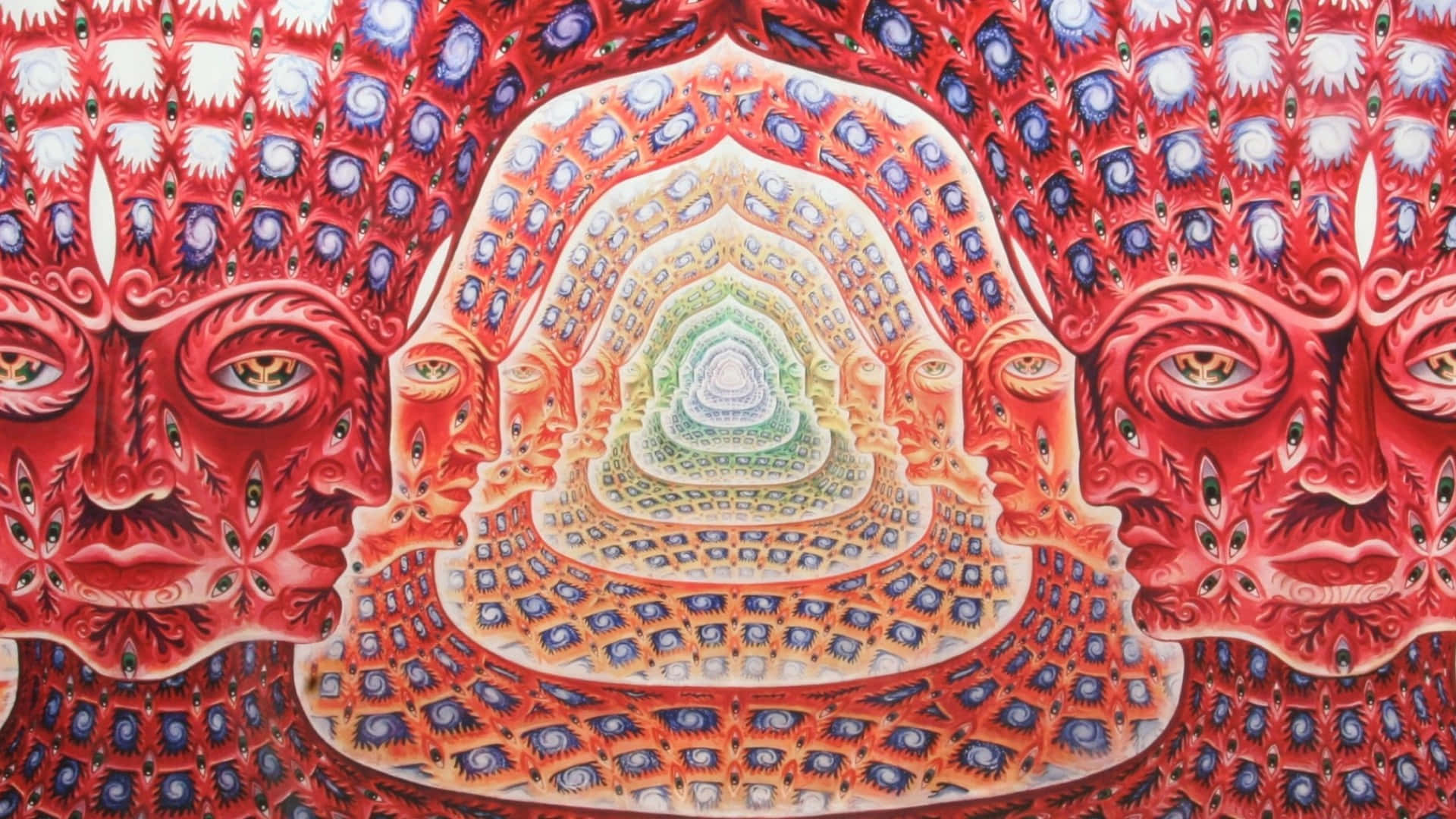 桌布 壁紙 — 一件迷幻藝術作品，以對稱的紅色面孔和眼睛，環繞著一個由重複圖案和色彩組成的螺旋隧道。