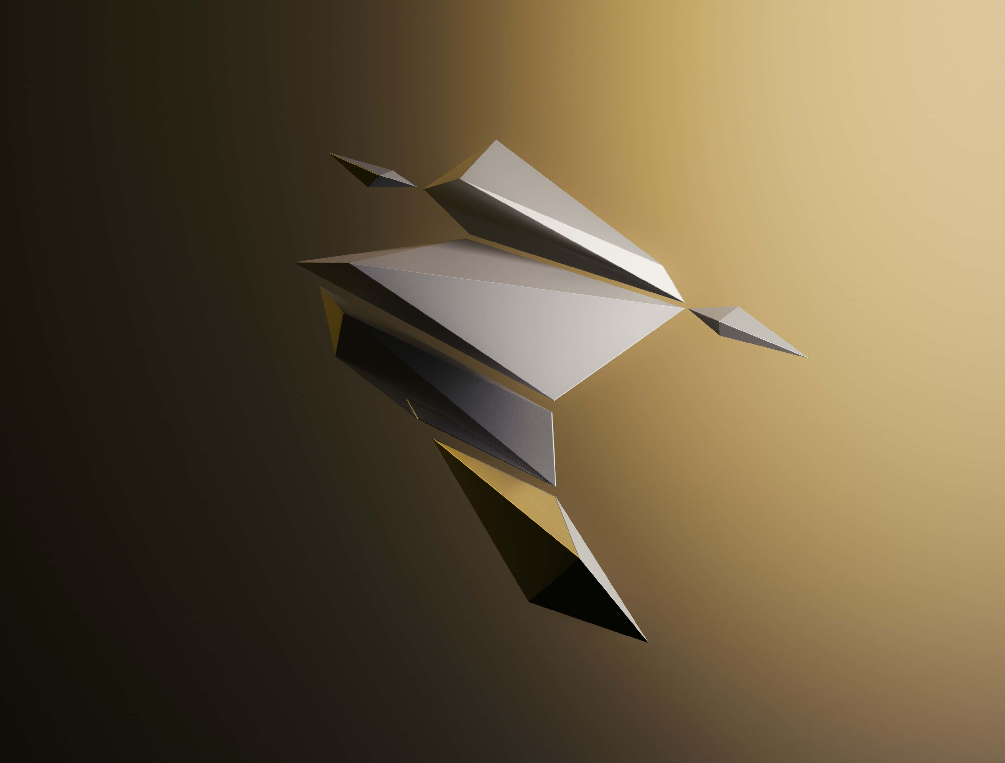 3D 桌布 壁紙 — 一件銀色和金色的時尚幾何鳥類雕塑在漸變背景上發光。