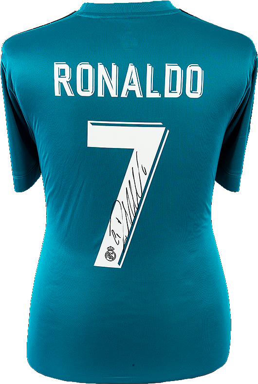 Madrid 桌布 壁紙 — 一件青綠色足球球衣，上面有白色的 'RONALDO' 和數字 '7'，數字下方有簽名和皇家馬德里徽章。