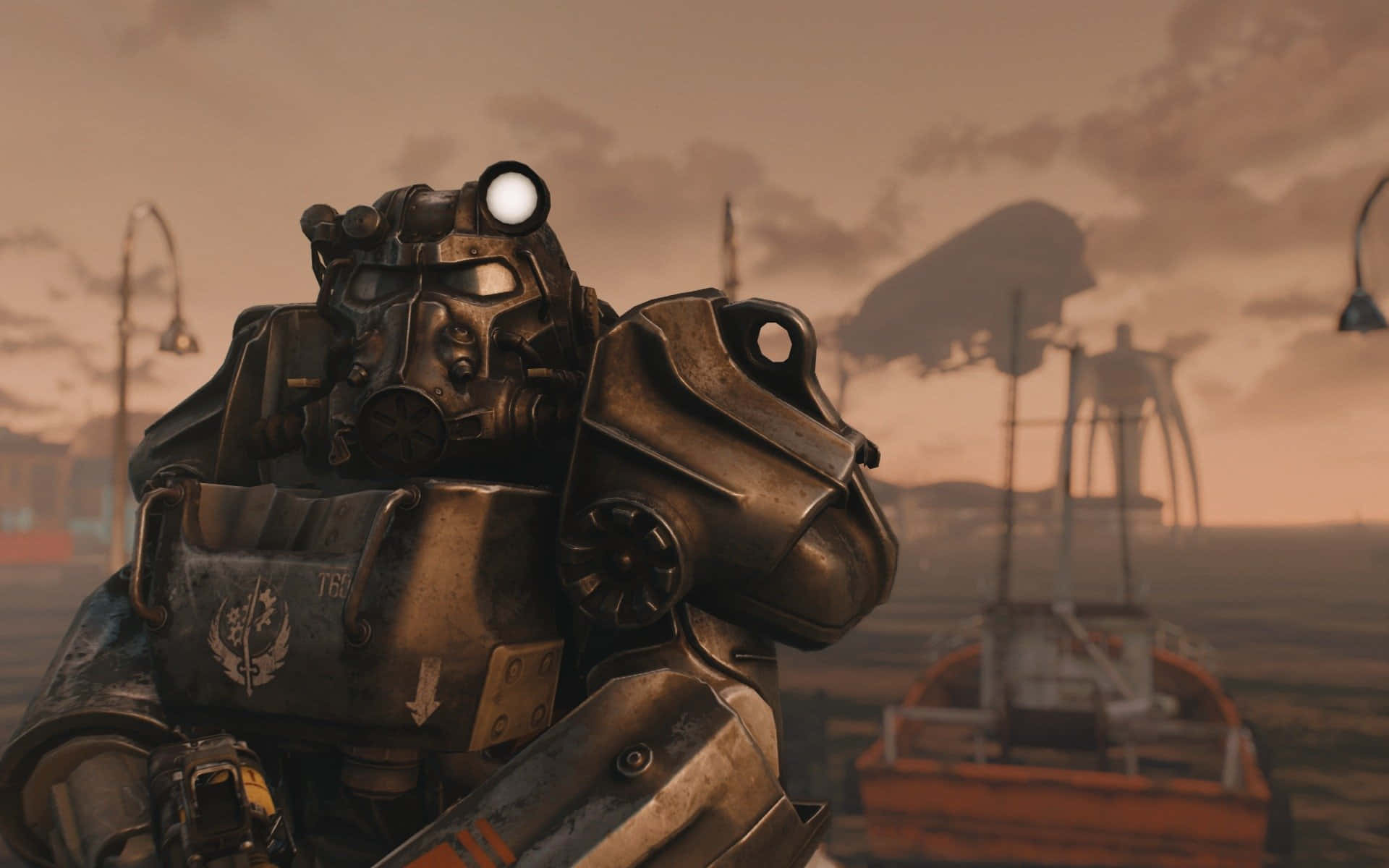 Fallout Brotherhood Of Steel 桌布 壁紙 — 一件風化的動力裝甲，帶有發光的白色眼睛，矗立在夕陽下荒涼的鏽色廢土中。