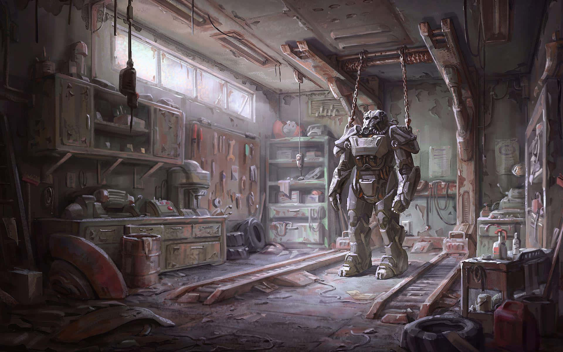 Fallout Nv 桌布 壁紙 — 一件風化的動力裝甲服懸掛在一個雜亂、佈滿灰塵的工作坊中，裡面充滿了工具和碎片。