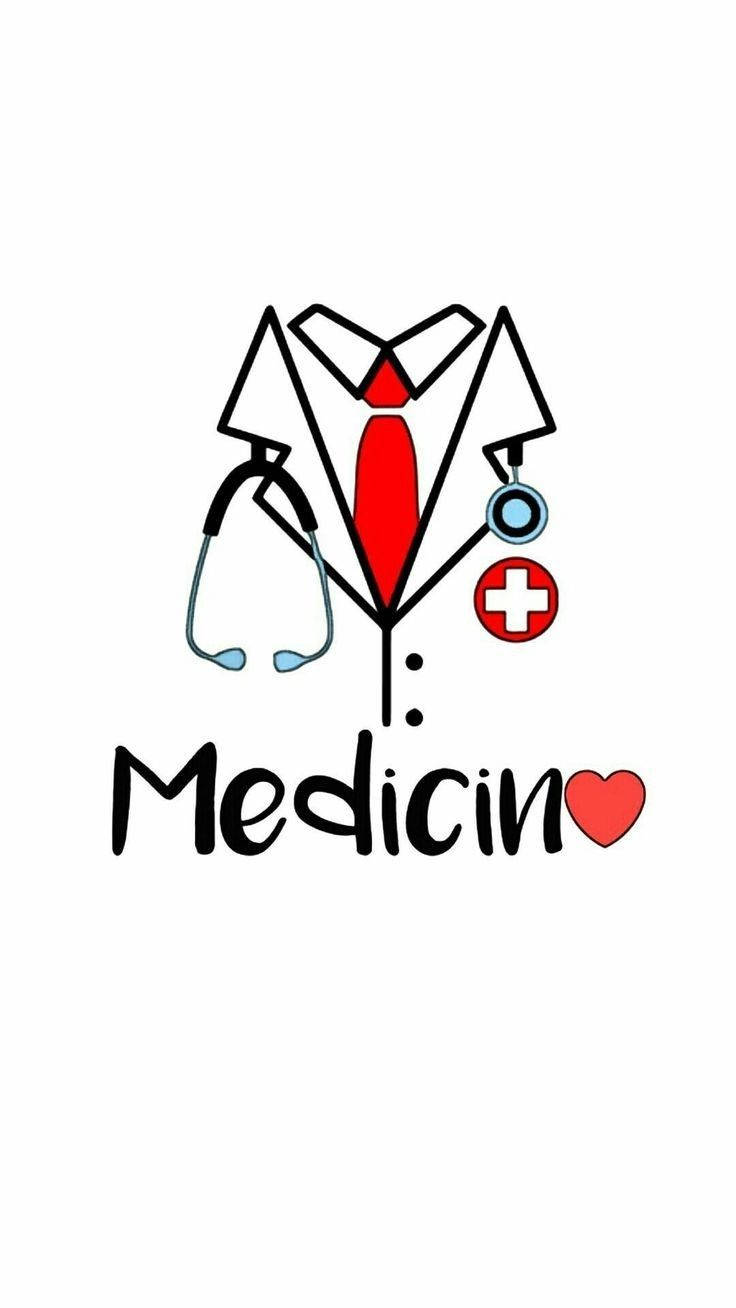 doctor motivation 桌布 壁紙 — 一件風格化的醫生袍，配有聽診器、紅色領帶和醫療符號，在「Medicin」一詞上方形成一個心形，並有一個紅色心形。