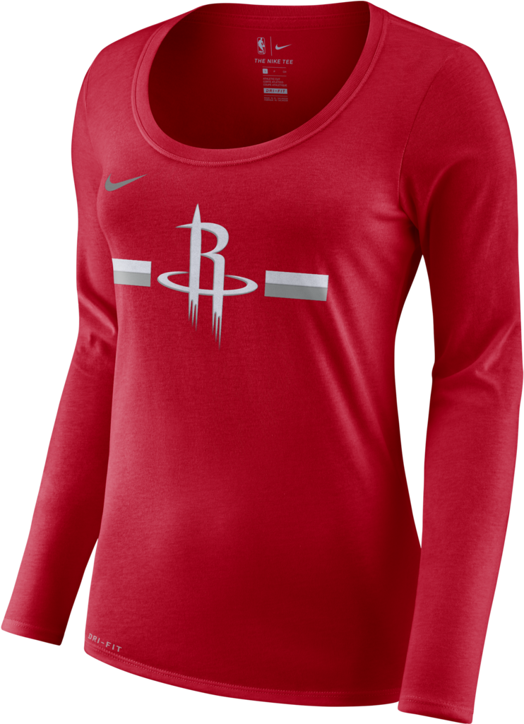 Houston Rockets 桌布 壁紙 — 一件鮮紅色女裝長袖籃球球衣，帶有銀色休士頓火箭隊標誌和Nike勾勾。