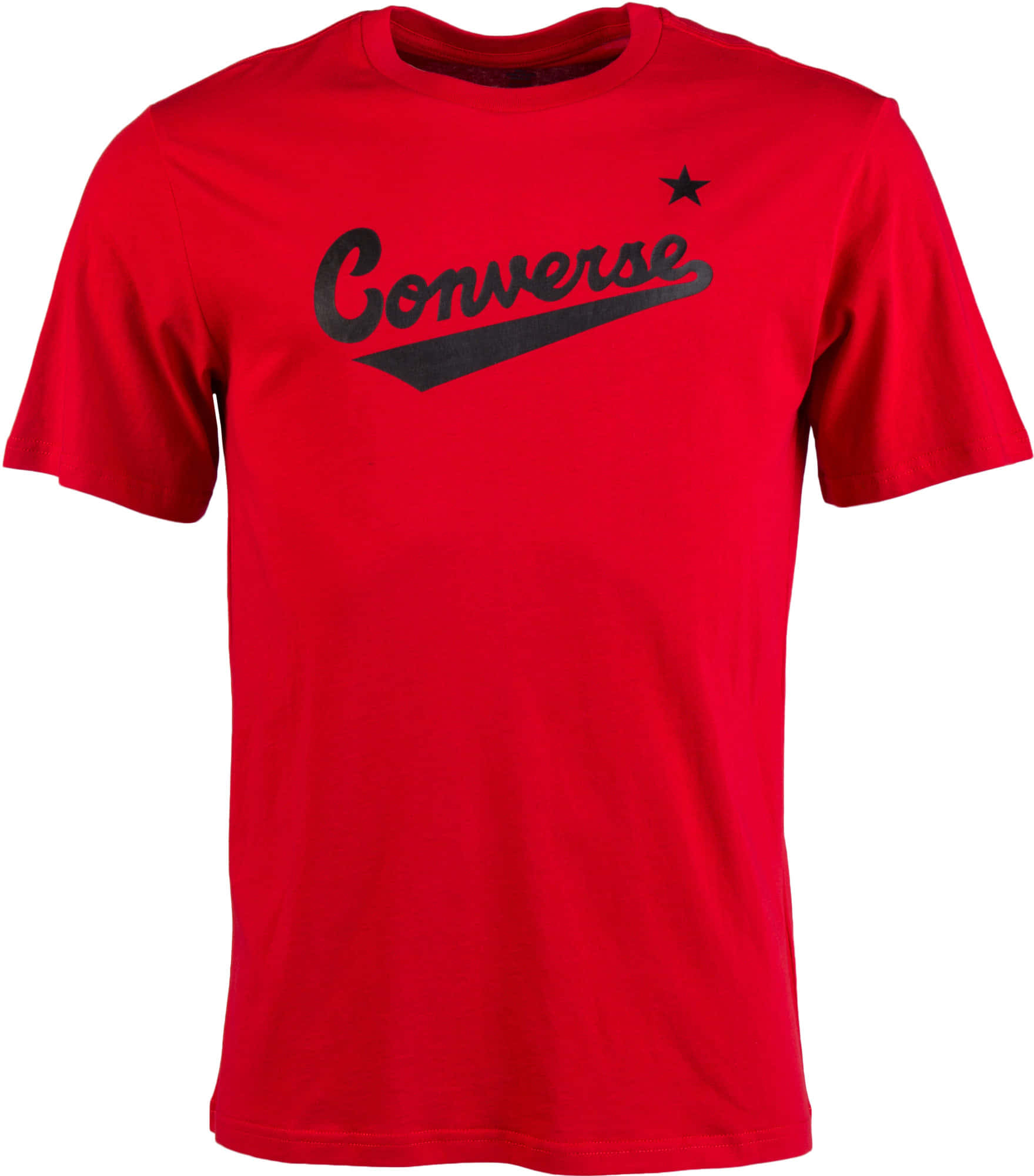 Converse 桌布 壁紙 — 一件鮮紅色的Converse T恤，上面有黑色字體標誌和星星，背景是純白色。