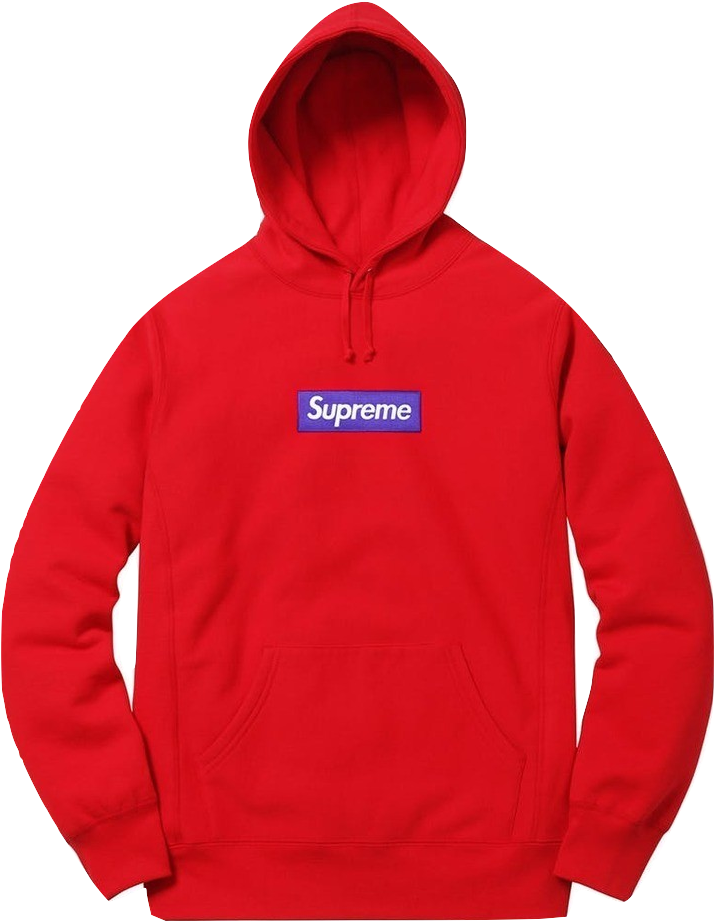 Red Hoodie 桌布 壁紙 — 一件鮮紅色的Supreme連帽上衣，胸口中央有一個藍色方框標誌，背景是純黑色。