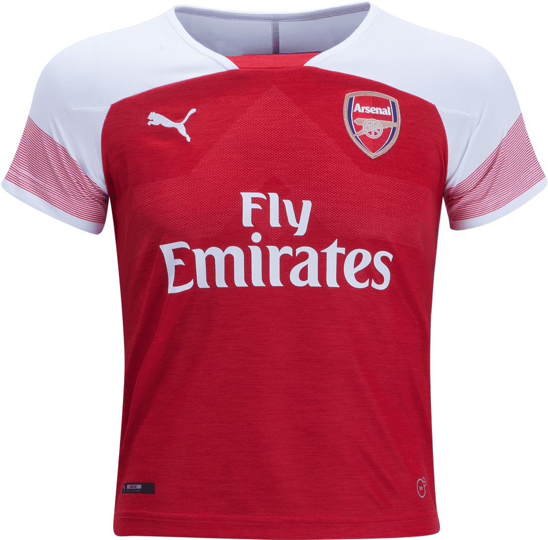 Puma Logo 桌布 壁紙 — 一件鮮豔的紅藍色兵工廠足球球衣，印有Fly Emirates贊助，展示在黑色背景上。