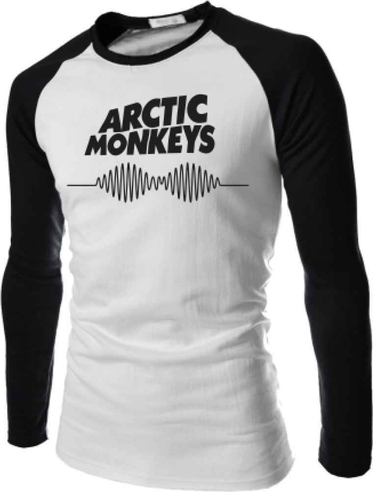 北極 桌布 壁紙 — 一件黑白棒球風格T恤，印有粗體 'ARCTIC MONKEYS' 文字和聲波圖案。