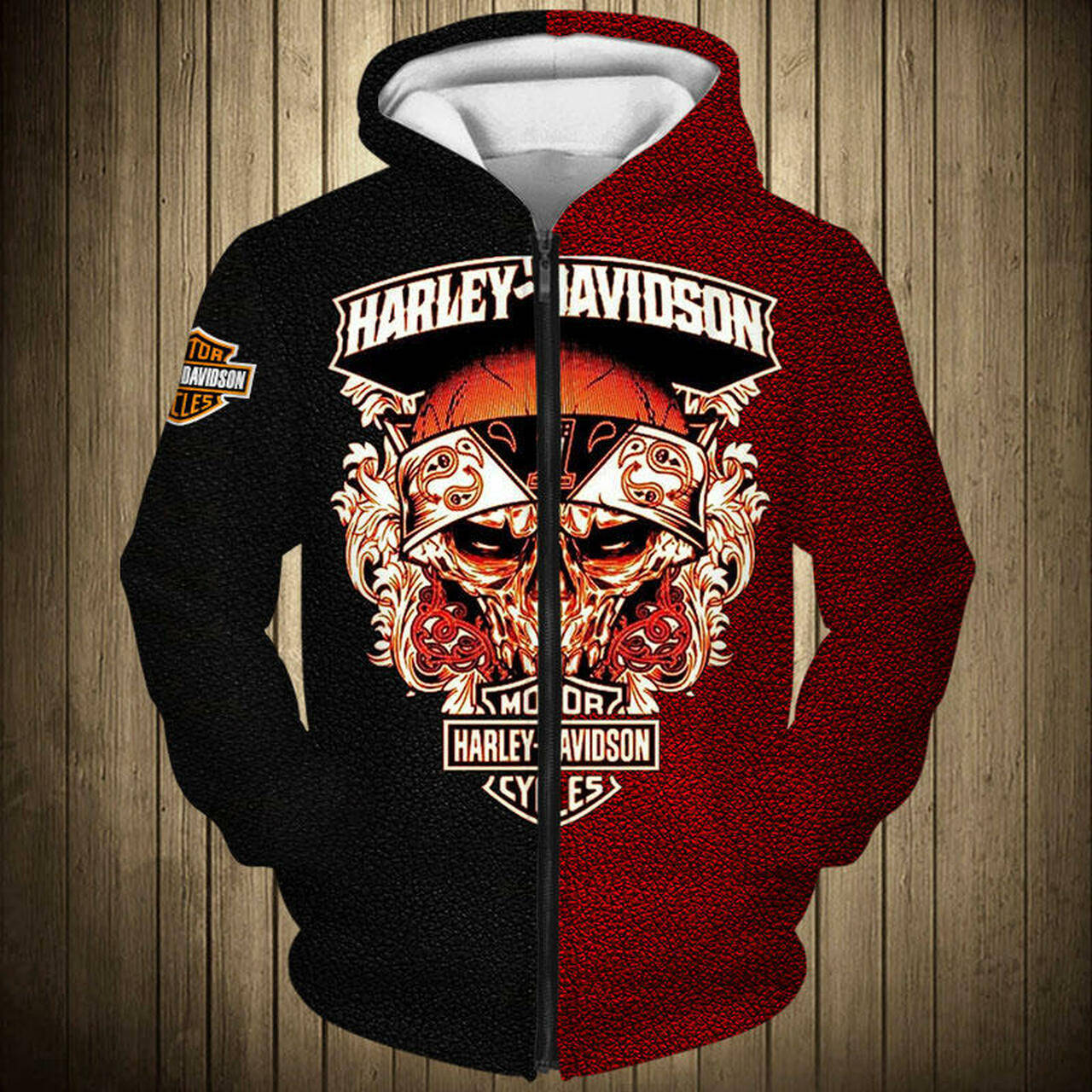 Harley 桌布 壁紙 — 一件黑紅色的Harley-Davidson連帽衫，上面有骷髏圖案，掛在木牆上。
